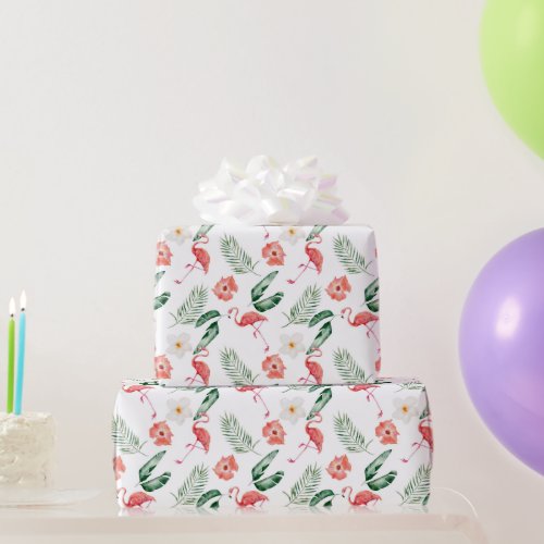 Watercolor Pink Hibiscus and Flamingo Tropical   Wrapping Paper