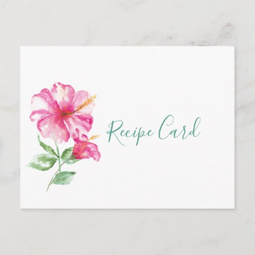 Watercolor Pink Hibiscus Floral Recipe Card