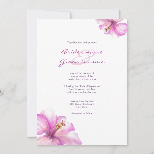 Watercolor Pink Hibiscus Wedding Invitations (Front)
