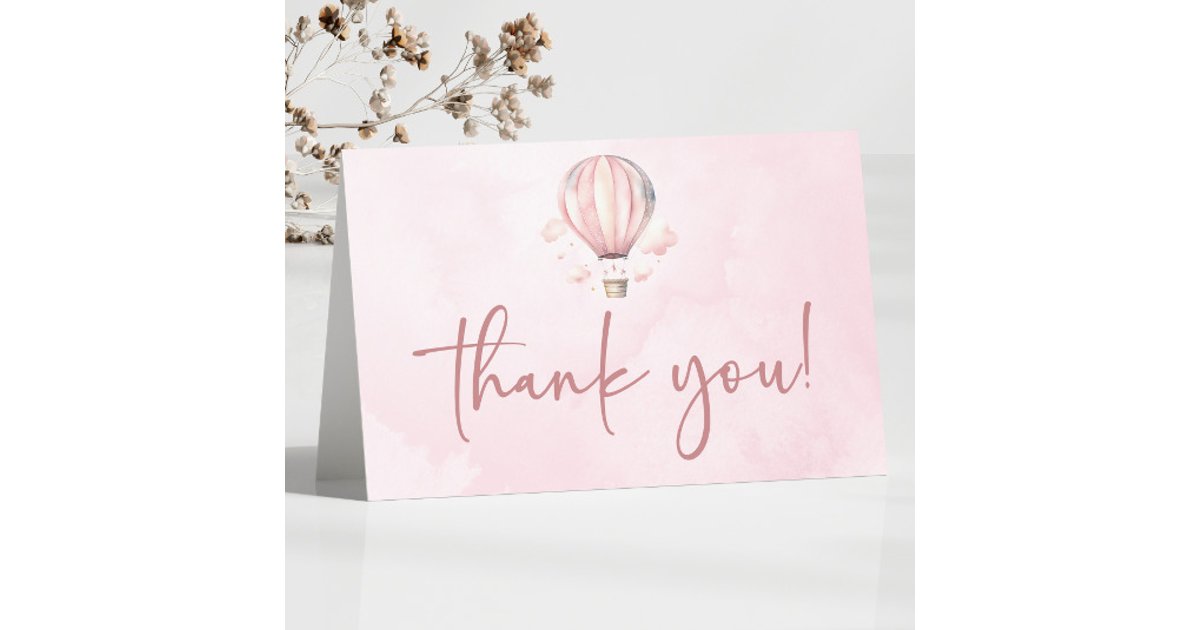 Watercolor Pink Hot Air Balloon Baby Shower Thank You Card | Zazzle