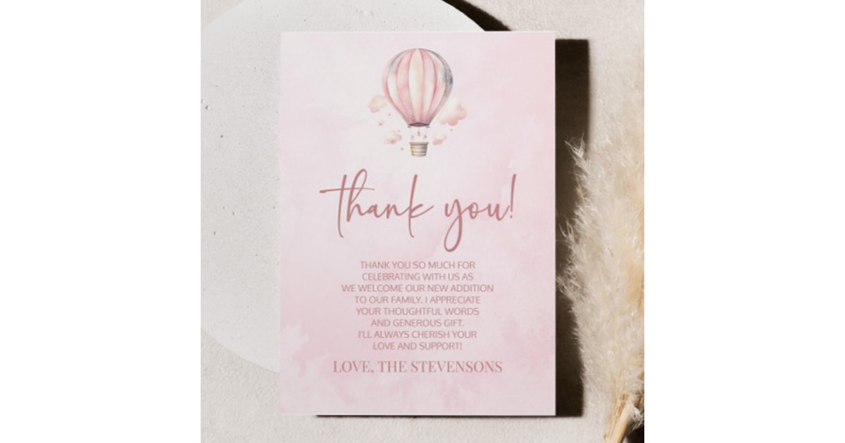 Watercolor Pink Hot Air Balloon Baby Shower Thank You Card | Zazzle