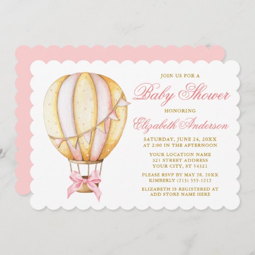 Watercolor Pink Hot Air Balloon Bow Baby Shower Invitation