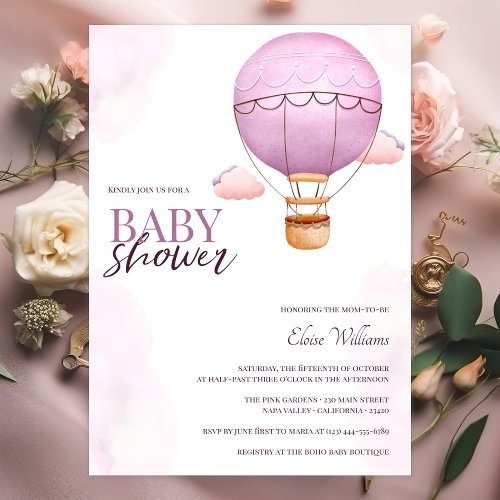 Watercolor Pink Hot Air Balloon Girl Baby Shower  Invitation