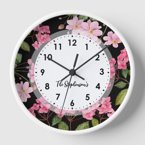 Watercolor Pink Hydrangea and Japanese Anemone Clock