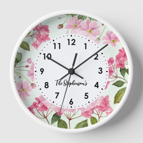 Watercolor Pink Hydrangea and Japanese Anemone Clock