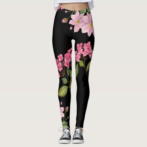 Watercolor Pink Hydrangea and Japanese Anemone Leggings