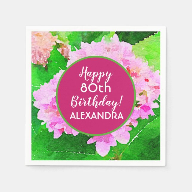 Watercolor Pink Hydrangea Birthday Napkins (Front)