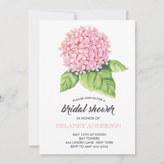 Watercolor Pink Hydrangea Bridal Shower Invitation (Front)