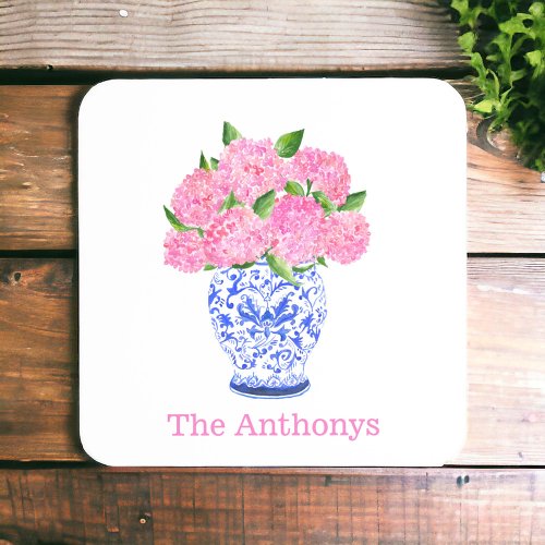 Watercolor Pink Hydrangea Chinoiserie Name Beverage Coaster