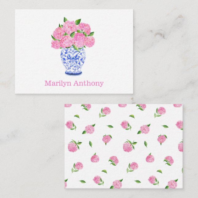 Watercolor Pink Hydrangea Chinoiserie Name Note Card (Front/Back)