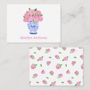 Watercolor Pink Hydrangea Chinoiserie Name Note Card