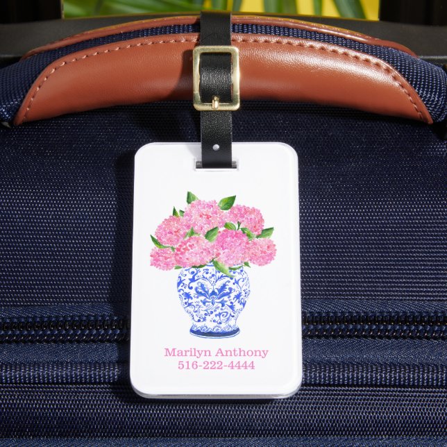 Watercolor Pink Hydrangea Chinoiserie Name Number Luggage Tag (Front Insitu 2)