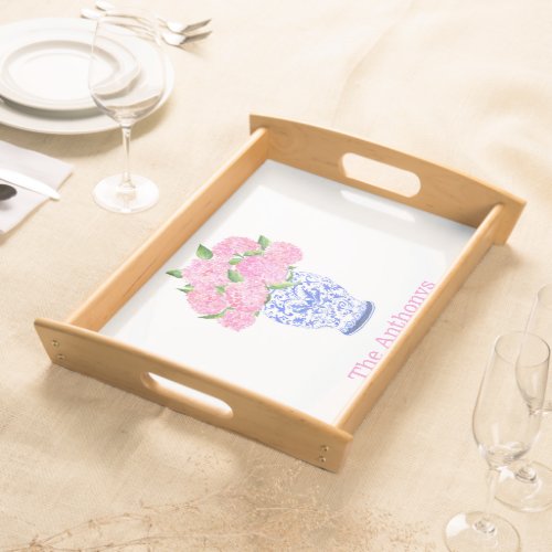 Watercolor Pink Hydrangea Chinoiserie Name Serving Tray