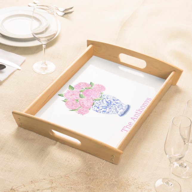 Watercolor Pink Hydrangea Chinoiserie Name Serving Tray (Front)