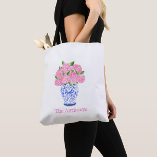 Watercolor Pink Hydrangea Chinoiserie Name Tote Bag