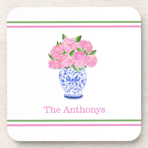 Watercolor Pink Hydrangea Chinoiserie Striped Name Beverage Coaster