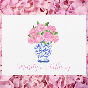 Watercolor Pink Hydrangea Chinoiserie Vase Custom Note Card