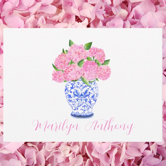 Watercolor Pink Hydrangea Chinoiserie Vase Custom Note Card (Creator Uploaded)
