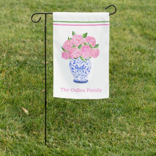 Watercolor Pink Hydrangea Chinoiserie Vase Name Garden Flag