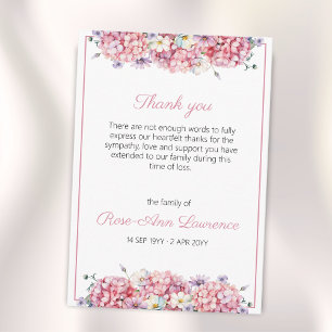 Watercolor Pink Hydrangea Floral Funeral Thank You Card