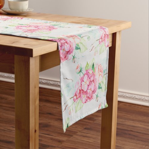 Watercolor Pink Hydrangea Flower Floral Decor Short Table Runner