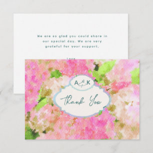 Watercolor Pink Hydrangea Garden Wedding Monogram  Thank You Card