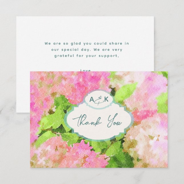 Watercolor Pink Hydrangea Garden Wedding Monogram  Thank You Card (Front/Back)