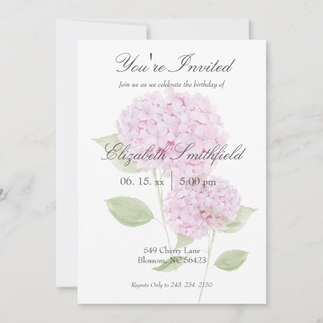 Watercolor Pink Hydrangea Invitation (Front)