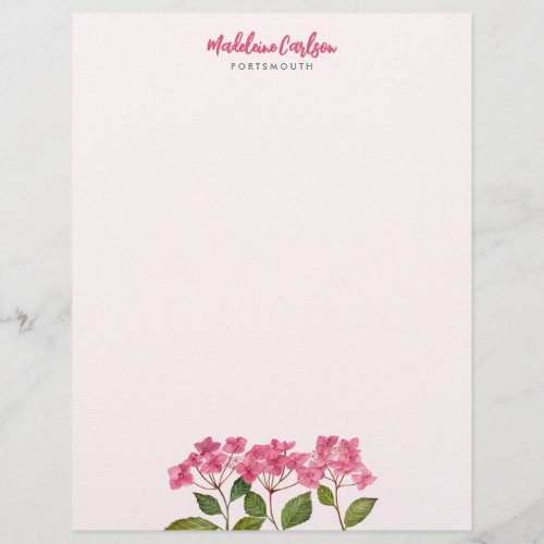 Watercolor Pink Hydrangea Lacecaps Floral Painting Letterhead