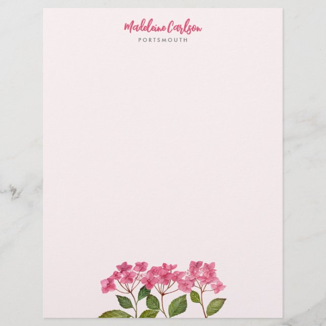 Watercolor Pink Hydrangea Lacecaps Floral Painting Letterhead (Front)