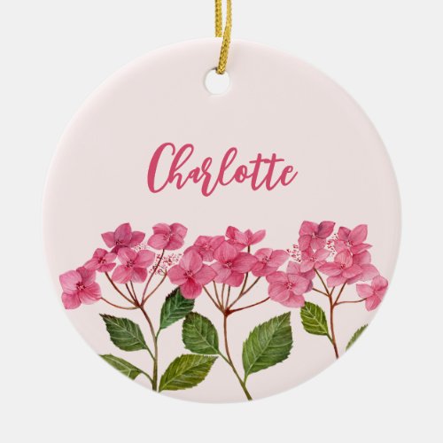 Watercolor Pink Hydrangea Lacecaps Flower Painting Ceramic Ornament