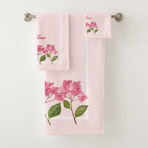 Watercolor Pink Hydrangea Lacecaps Illustration Bath Towel Set