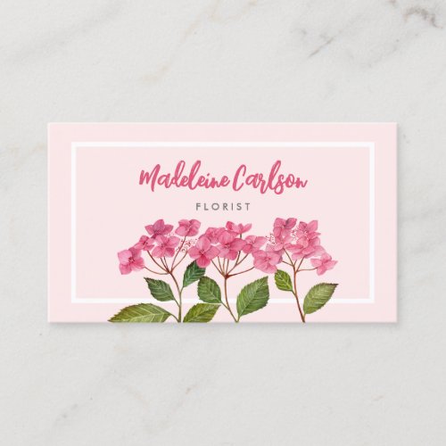 Watercolor Pink Hydrangea Lacecaps Illustration Business Card