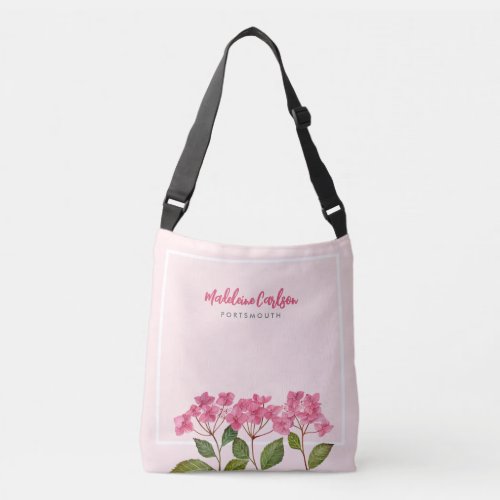 Watercolor Pink Hydrangea Lacecaps Illustration Crossbody Bag