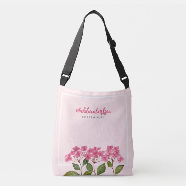 Watercolor Pink Hydrangea Lacecaps Illustration Crossbody Bag (Front)