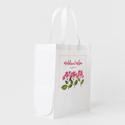 Watercolor Pink Hydrangea Lacecaps Illustration Grocery Bag