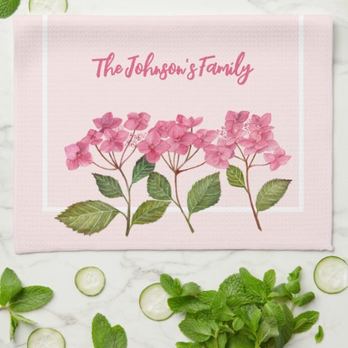 Watercolor Pink Hydrangea Lacecaps Illustration Kitchen Towel