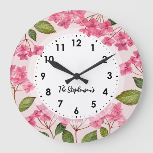Watercolor Pink Hydrangea Lacecaps Illustration Large Clock