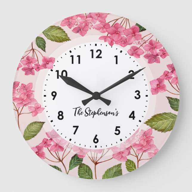 Watercolor Pink Hydrangea Lacecaps Illustration Large Clock (Front)