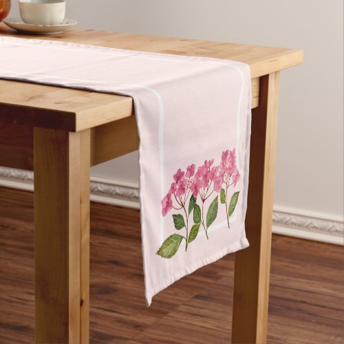 Watercolor Pink Hydrangea Lacecaps Illustration Short Table Runner