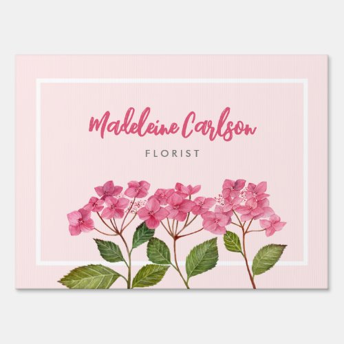 Watercolor Pink Hydrangea Lacecaps Illustration Sign