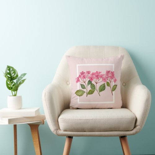 Watercolor Pink Hydrangea Lacecaps Illustration Throw Pillow