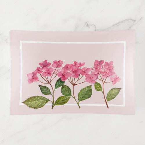 Watercolor Pink Hydrangea Lacecaps Illustration Trinket Tray