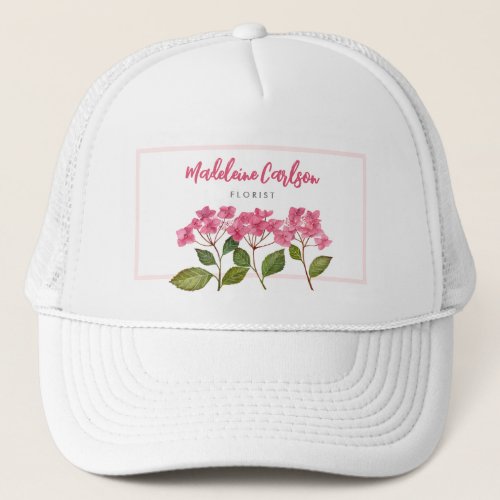 Watercolor Pink Hydrangea Lacecaps Illustration Trucker Hat