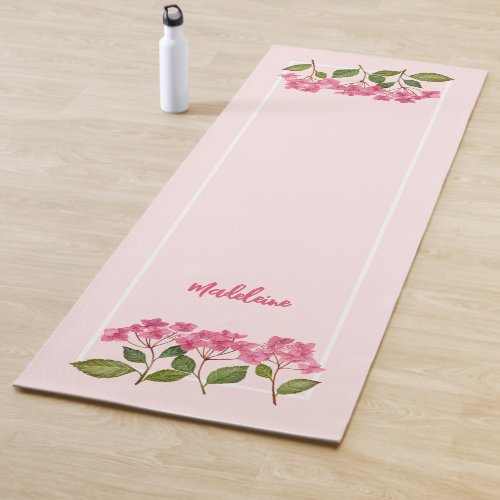 Watercolor Pink Hydrangea Lacecaps Illustration Yoga Mat