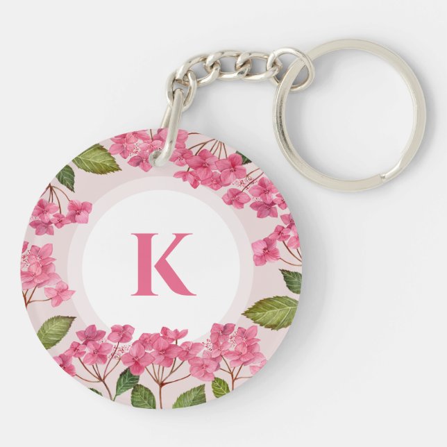 Watercolor Pink Hydrangea Lacecaps Monogram Keychain (Back)