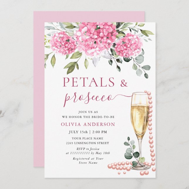 Watercolor Pink Hydrangea PETALS & Prosecco Invitation (Front/Back)