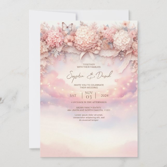 Watercolor Pink Hydrangea Wedding Invitation (Front)