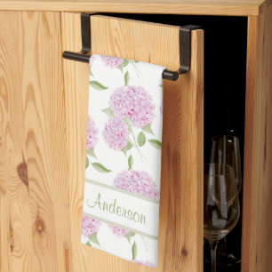 Watercolor Pink Hydrangea With Text Border Kitchen Towel