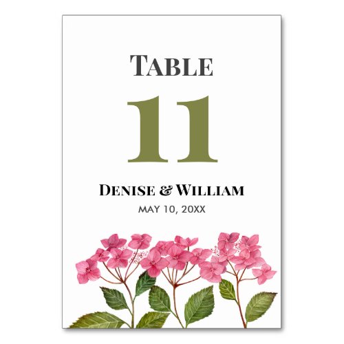 Watercolor Pink Hydrangeas Lacecap Wedding Table Number